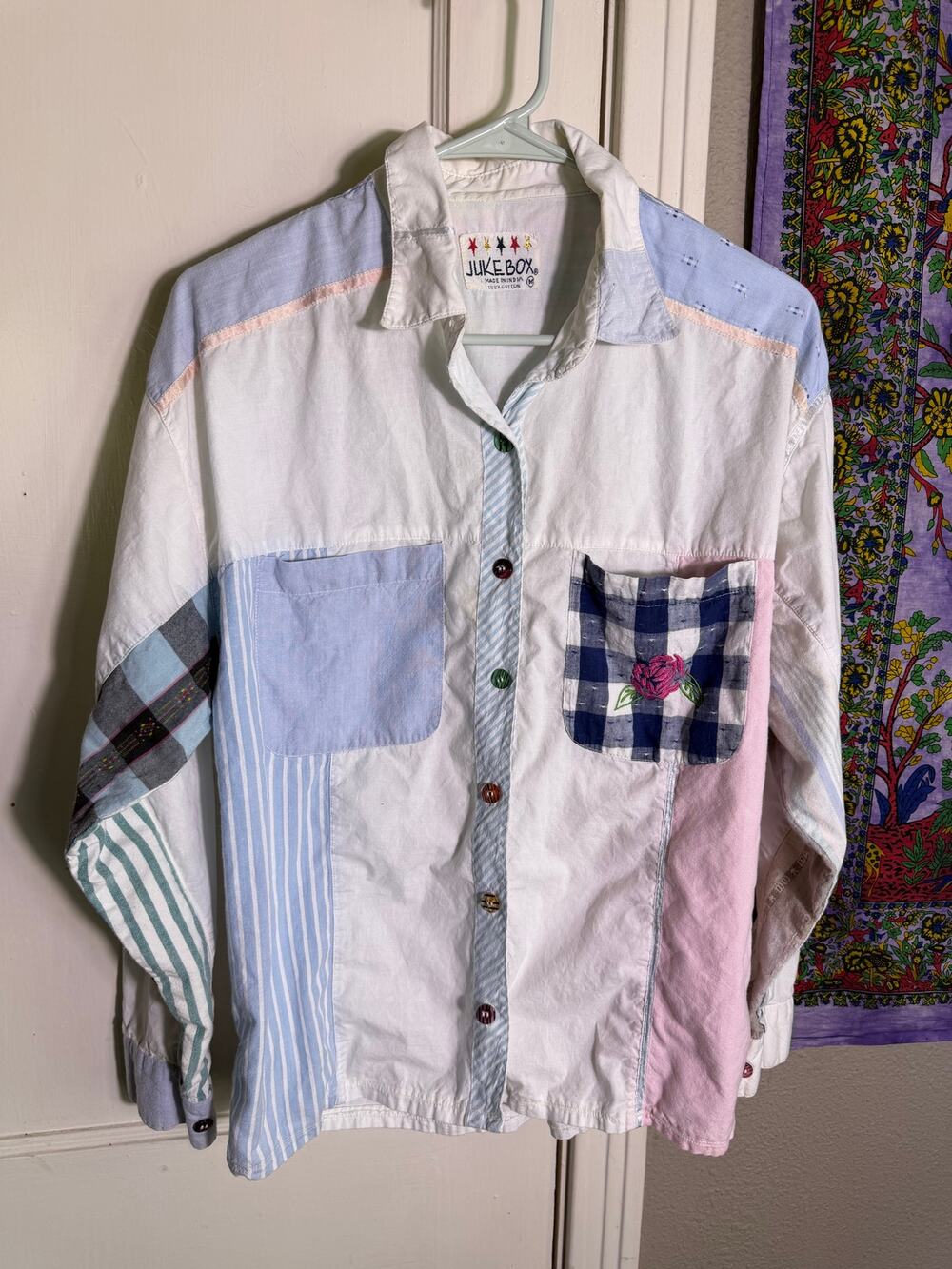 Vintage Juke Box Patchwork Button Down Shirt Womens M Pastel 90s Boho Cotton